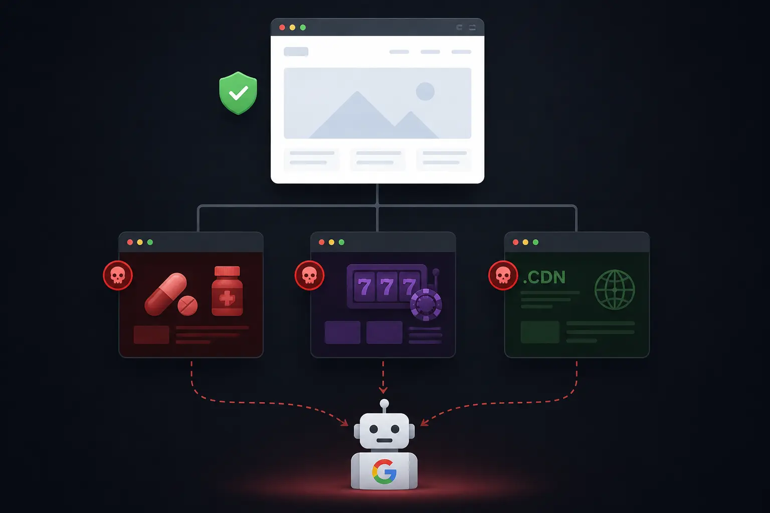 Diagram showing a clean main domain while forgotten subdomains serve spam content to Googlebot.
