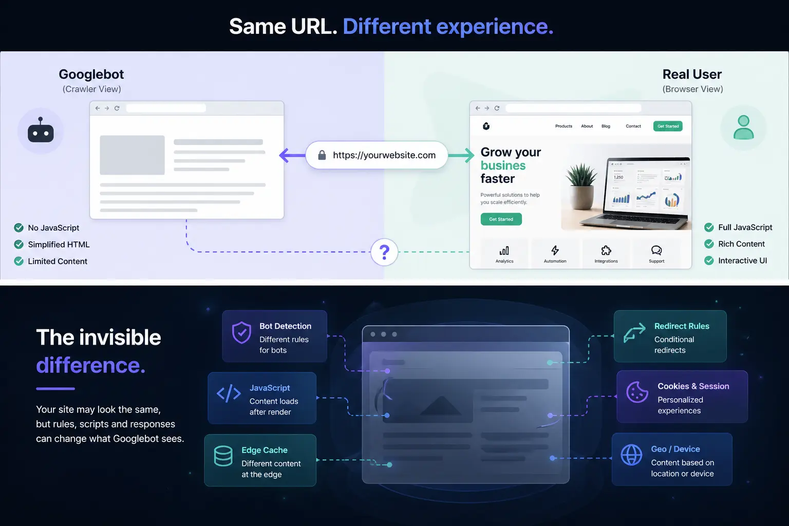 Comparison between Googlebot view and real user browser view of the same website URL.