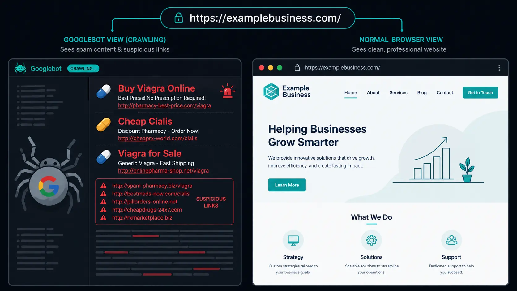 Split-screen comparison: Googlebot crawling a page full of pharmaceutical spam while a real browser shows a clean WordPress website on the same URL.