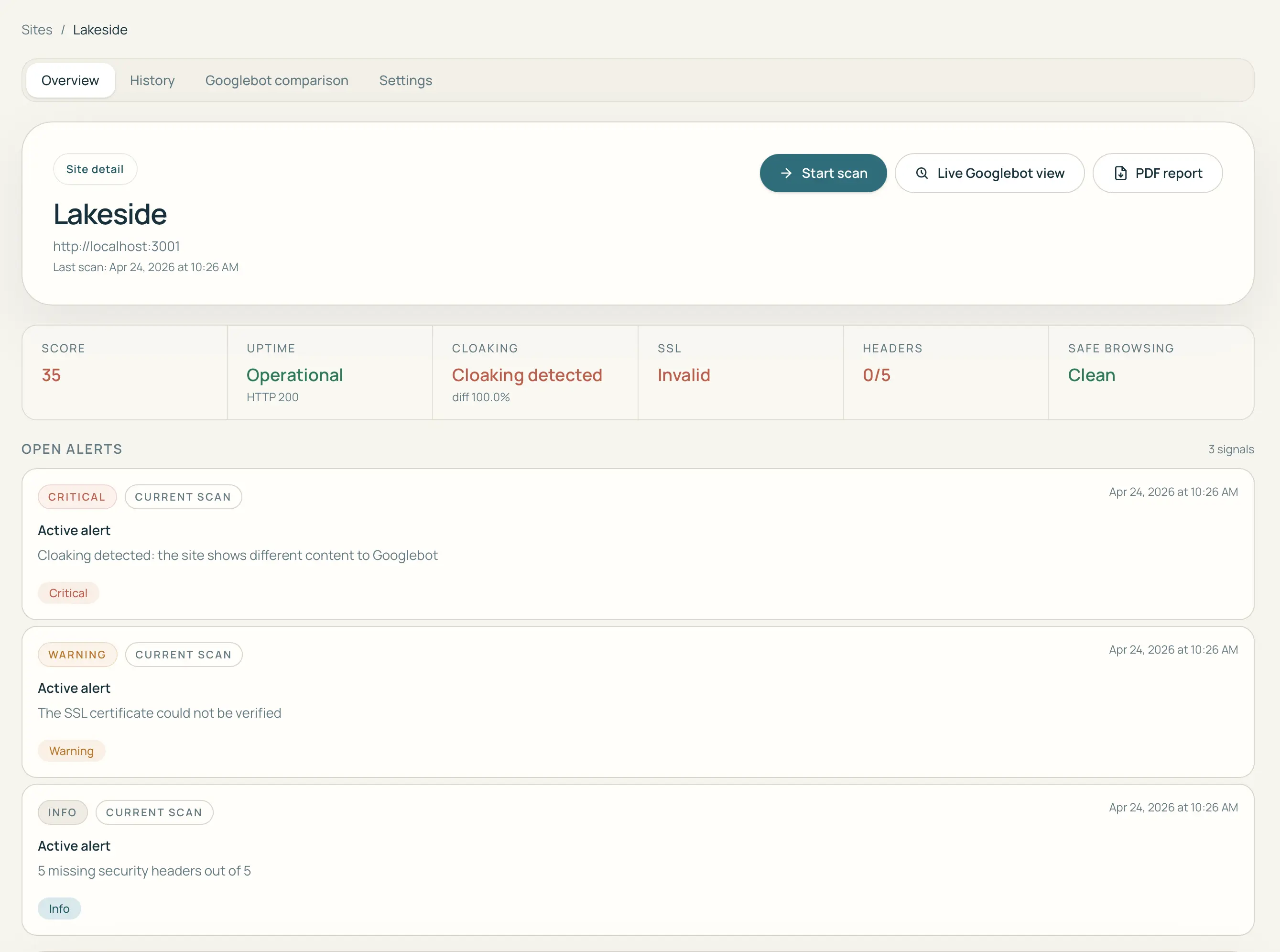 CloakScan scan result showing Trust Score and detailed breakdown of cloaking checks, SSL status and Google index analysis.