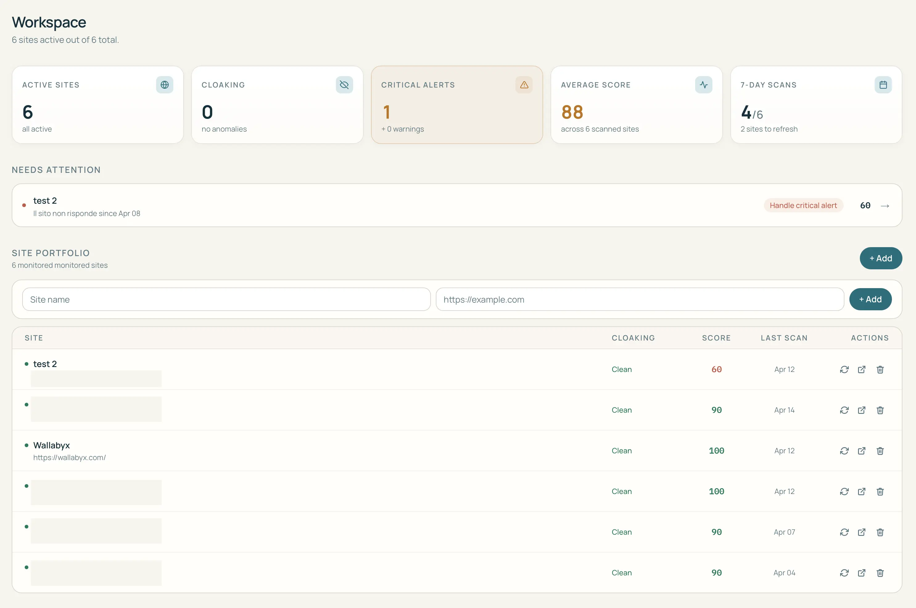 CloakScan dashboard — adding a new site URL