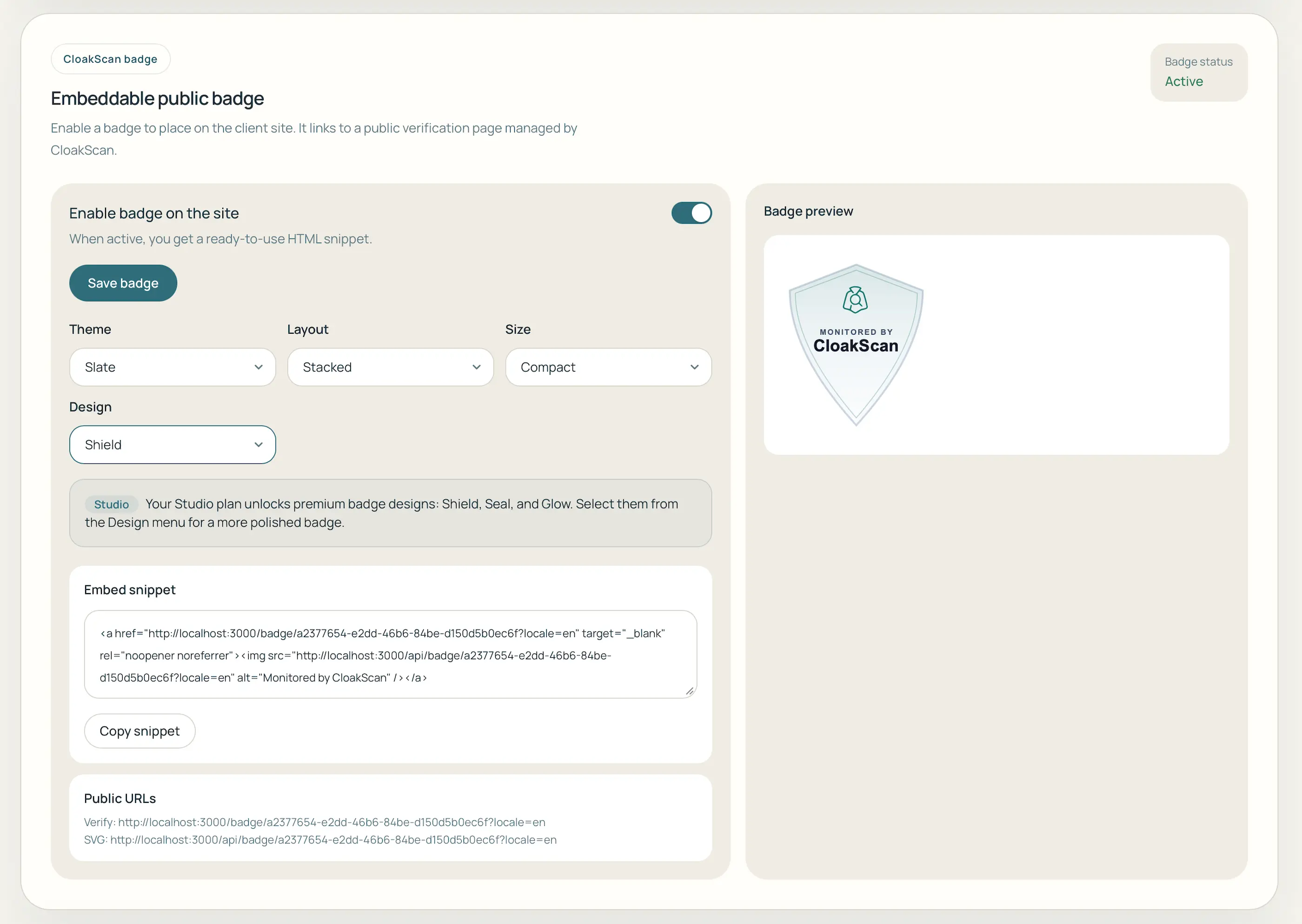 CloakScan badge customization controls