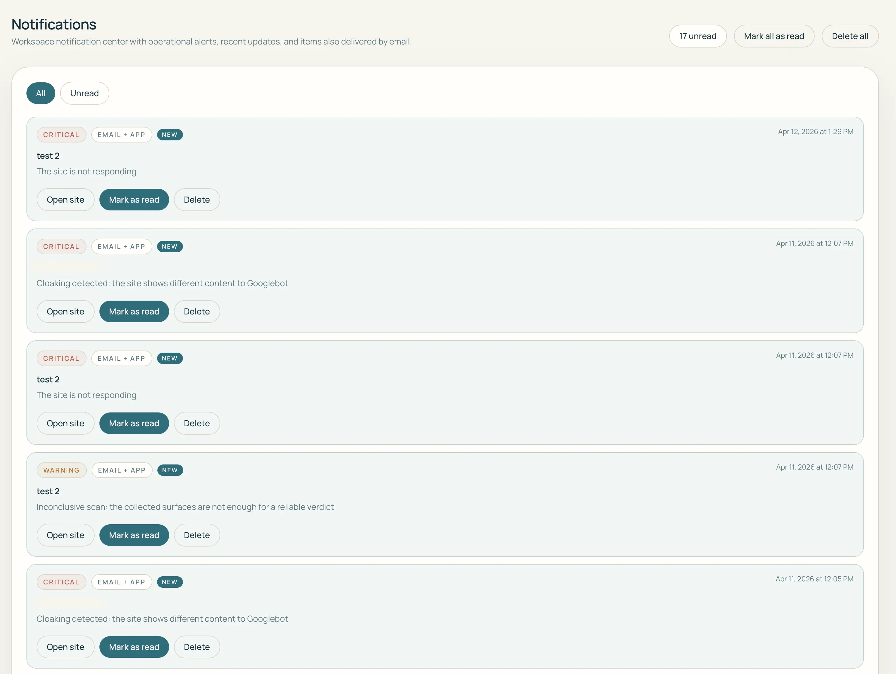 Email and in-app alert notification