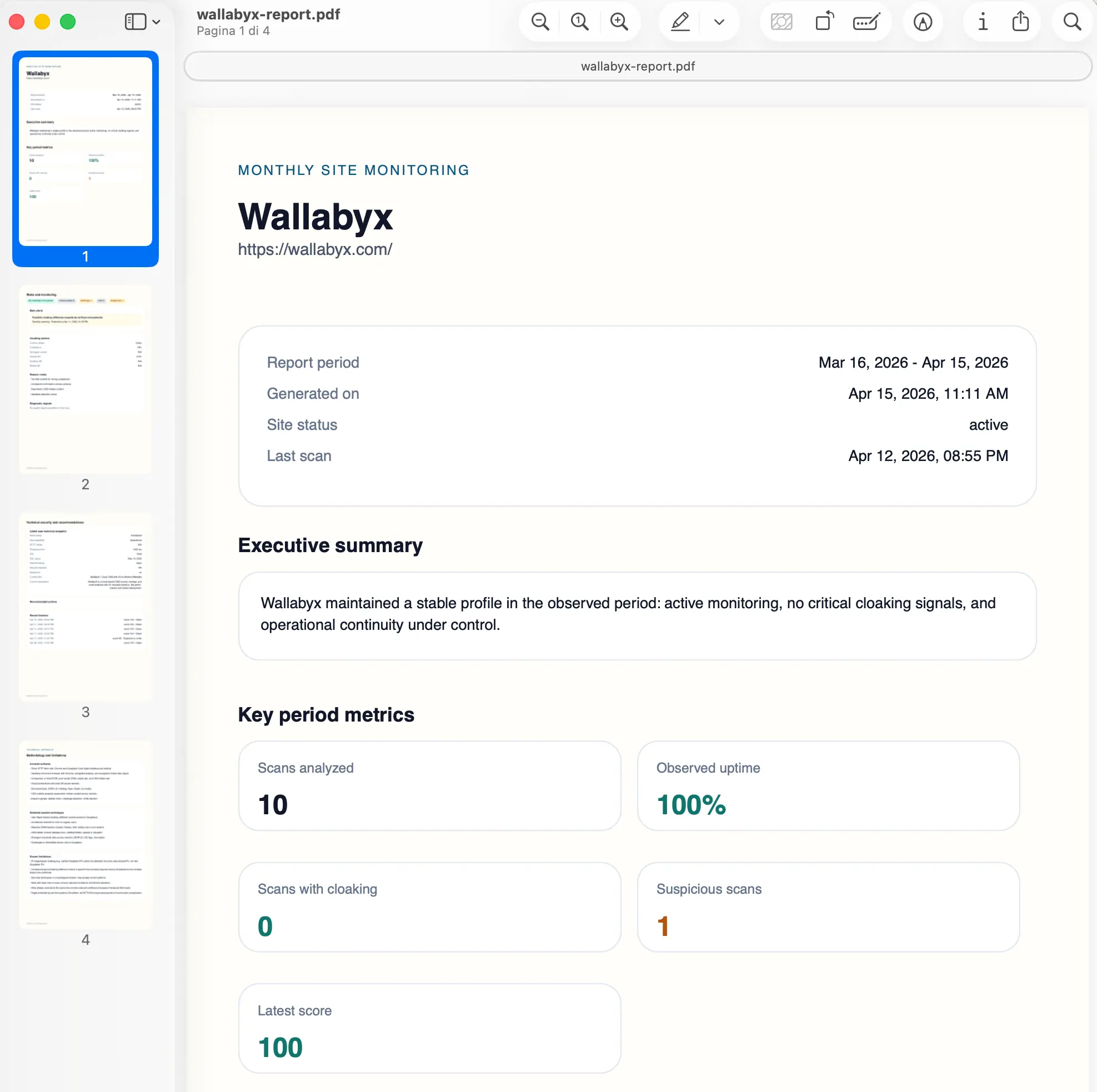Site integrity score with detailed breakdown