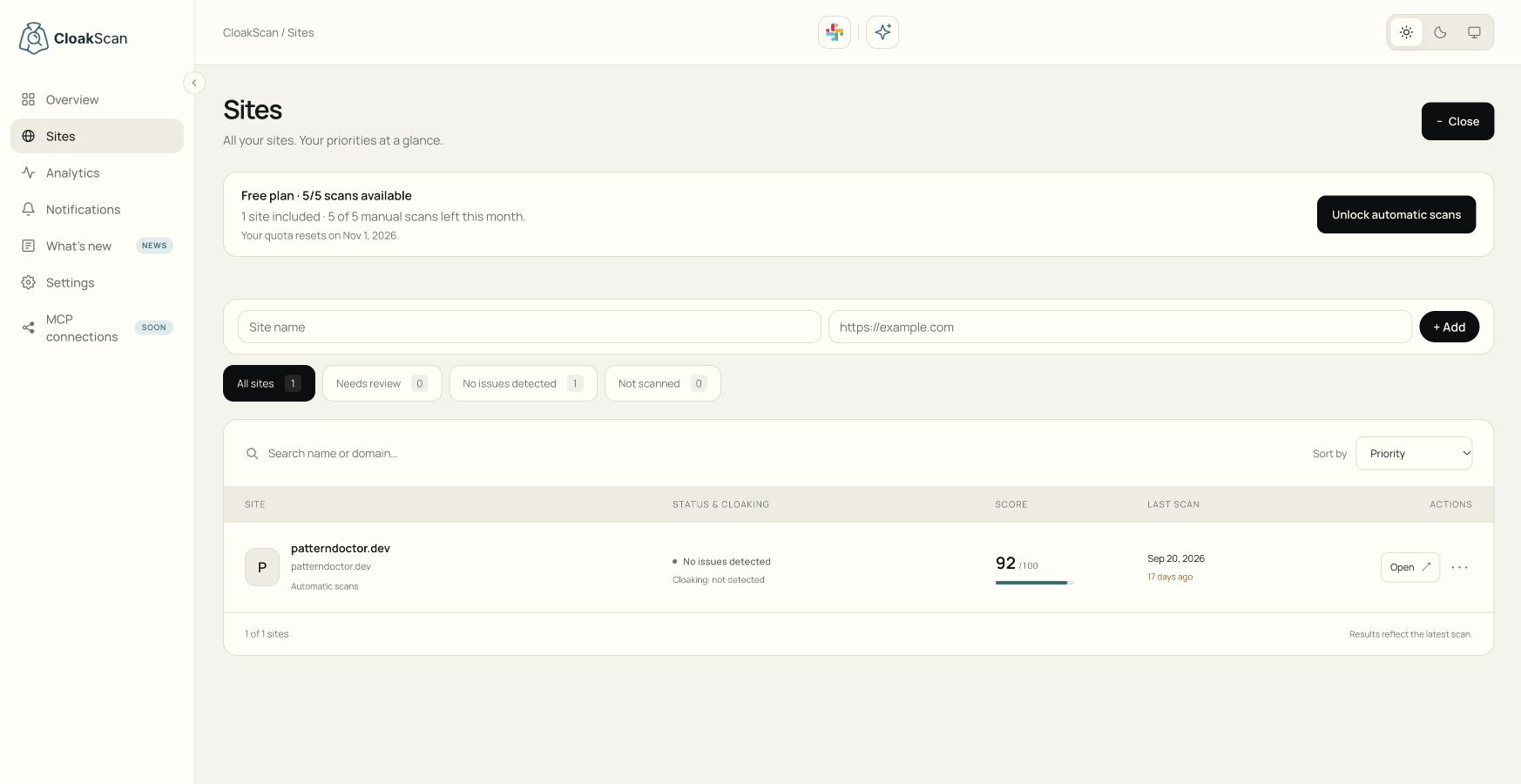 Current CloakScan Studio Sites page with the Add site form open