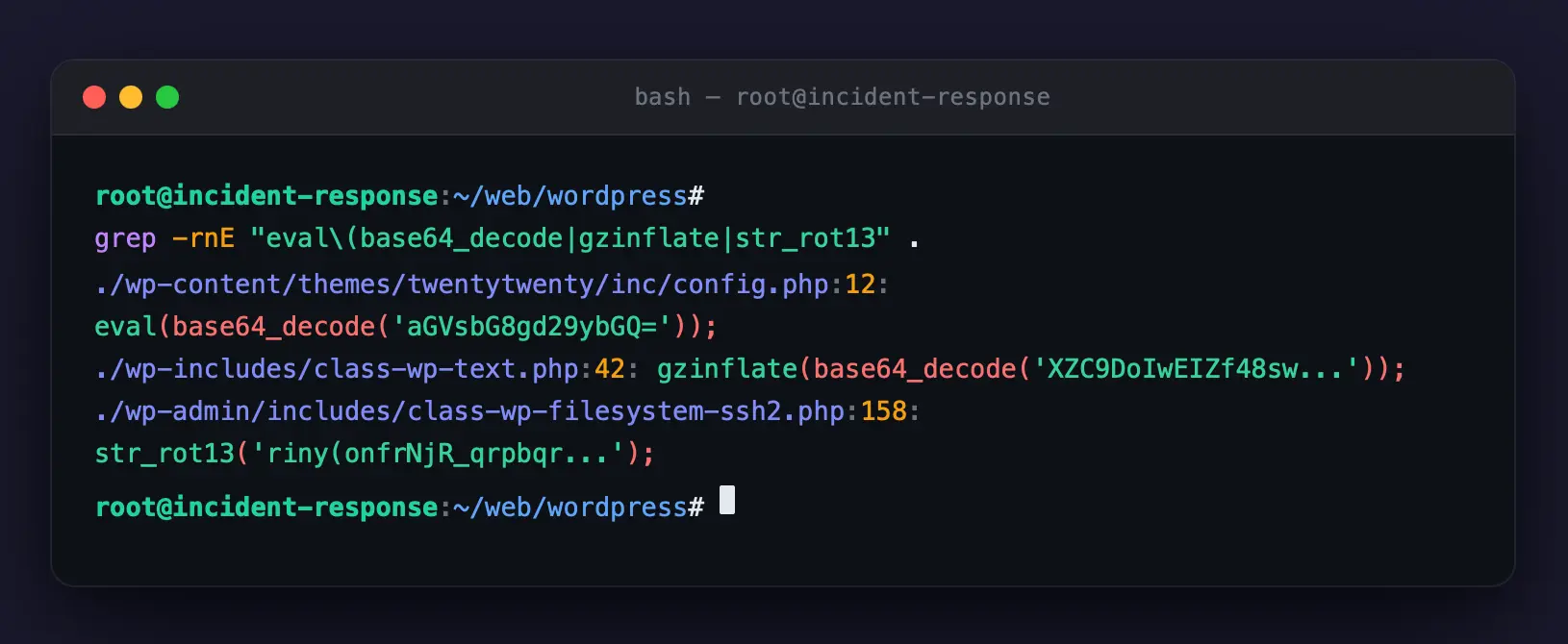 Terminal output of grep scanning WordPress files for eval, base64_decode and gzinflate obfuscation patterns — three infected files found across theme and core directories.